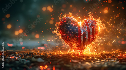 Love America concept. Heart shaped balloon with national flag of USA and fireworks on bokeh background with sparkles. 3d rendering.