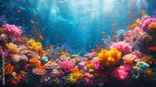 Vivid Coral Reef Teeming with Marine Life: An underwater spectacle of a vivid coral reef bursting with a kaleidoscope of colors and marine life. © Nico