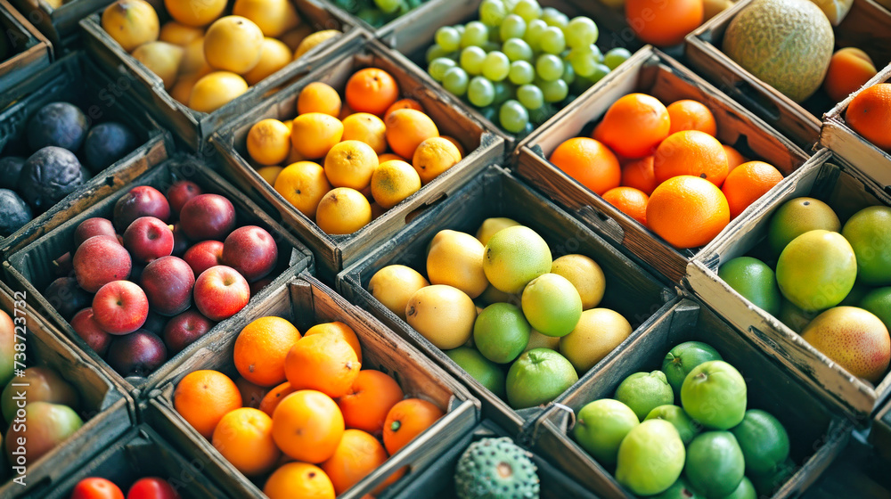 Assorted Fruits Displayed in Trays at the Market Assorted Fruits Displayed in Trays at the Market