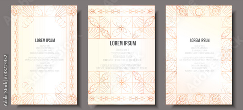 Elegant classic art deco ornament frame template, invitation, brochure, pink gold line pearl white card, background, flyer, template, brochure set. Decor for gala card, grand opening, wedding, awards 