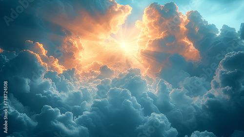 Cloudscape with sun and rays of light. 3D illustration.