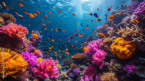 Vivid Coral Reef Teeming with Marine Life: An underwater spectacle of a vivid coral reef bursting with a kaleidoscope of colors and marine life. © Nico