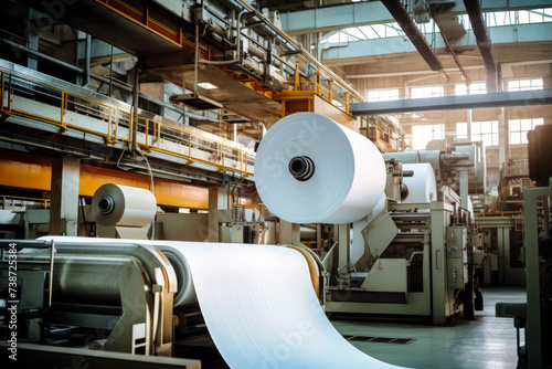 Modern paper production plant. Close-up of industrial equipment. Coated paper and cardboard.