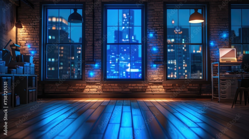 A dark room with blue lights, modern creative studio in brick lofts. Generative AI.