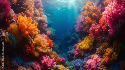 Vivid Coral Reef Teeming with Marine Life: An underwater spectacle of a vivid coral reef bursting with a kaleidoscope of colors and marine life. © Nico