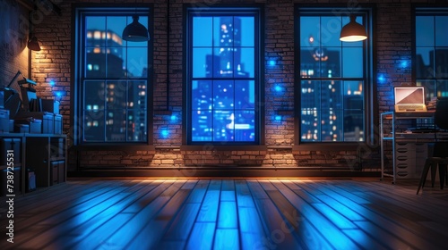 A dark room with blue lights, modern creative studio in brick lofts. Generative AI.