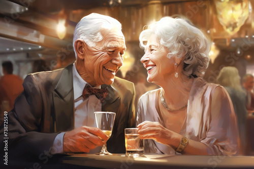 - Senior cheerful active elderly couple looking happy sitting in restaurant cafe bar drinking cocktails. Romantic seniors loving pastime lifestyle, good family relationship concept.