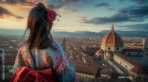 Back view of an Asian woman in Florence and Duomo. Italy photo