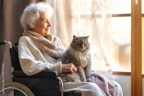 Woman in Wheelchair Petting Cat photo