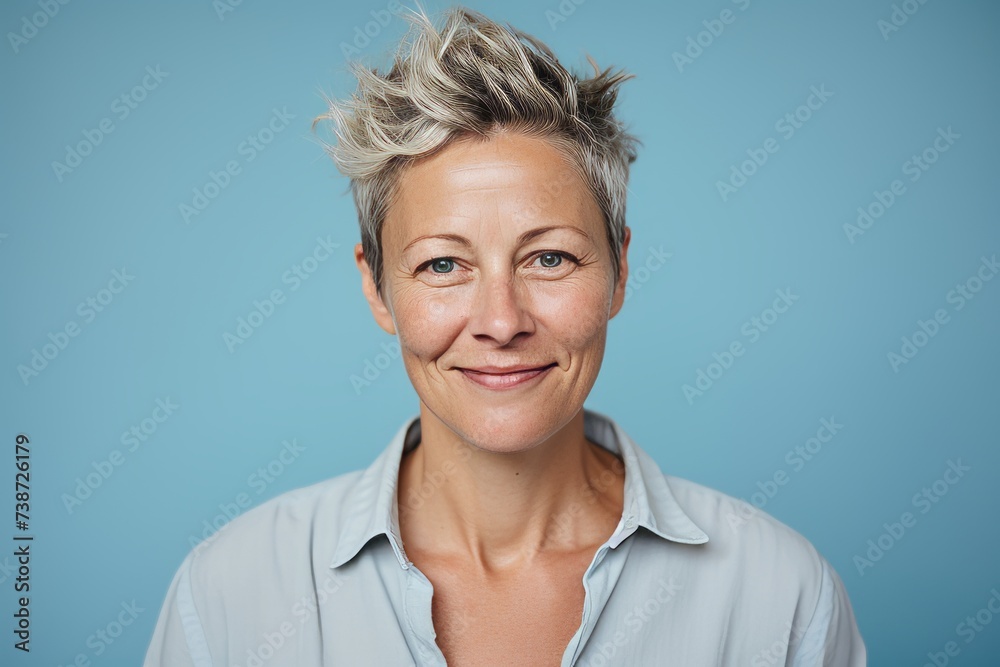 Portrait of a happy middle-aged woman with short hair on a blue background Portrait of a happy middle-aged woman with short hair on a blue background