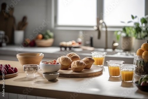 Wooden kitchen counter with fresh breakfast spread and garden view
