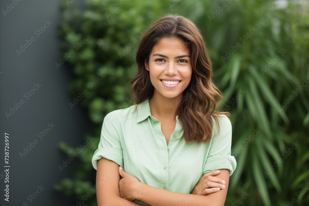 Portrait of a smiling young businesswoman standing with arms crossed against green background Portrait of a smiling young businesswoman standing with arms crossed against green background