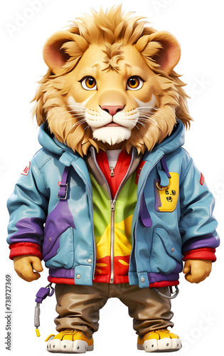 lion wearing a colorful jacket. 3D style photo