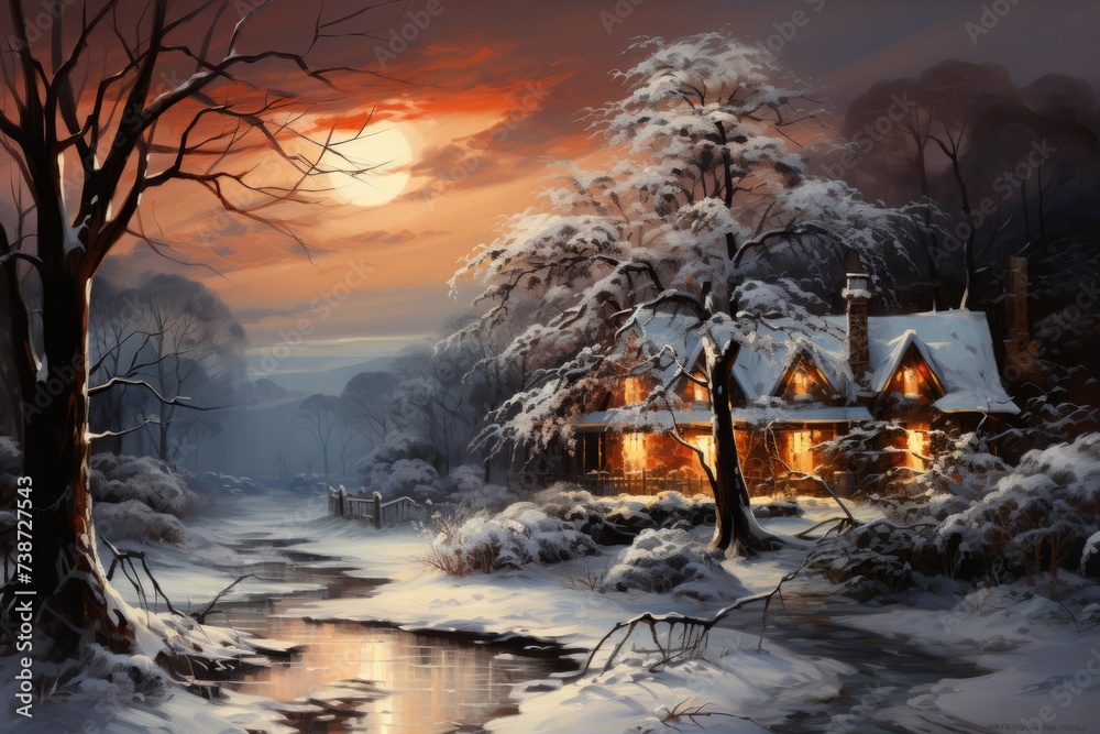 a painting of a house in the middle of a snowy forest next to a river - obrazy, fototapety, plakaty 