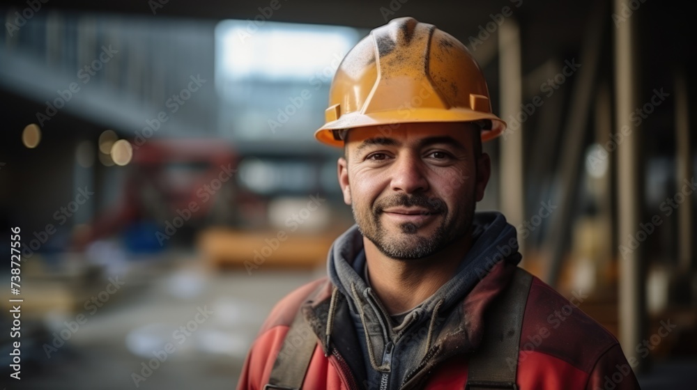 The construction worker, wearing a helmet, stands prominently in the foreground, looking directly at the camera against the bustling construction backdrop. The construction worker, wearing a helmet, stands prominently in the foreground, looking directly at the camera against the bustling construction backdrop.