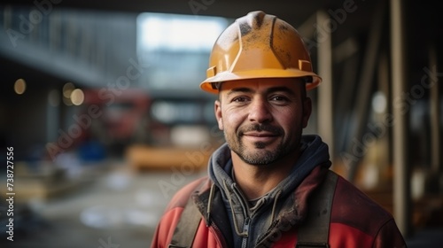 The construction worker, wearing a helmet, stands prominently in the foreground, looking directly at the camera against the bustling construction backdrop.