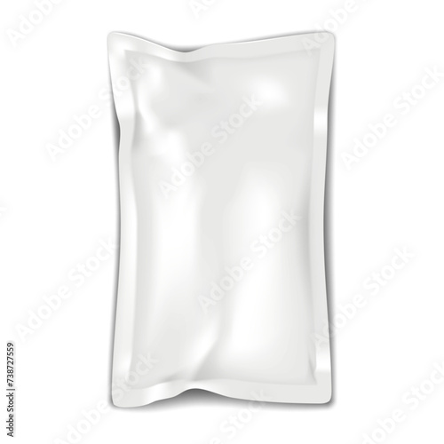 Blank white 4 side seal crumpled sachet packet. Realistic vector mock-up. Plastic, paper or foil pouch bag template. Food, medical or beauty product individual package mockup