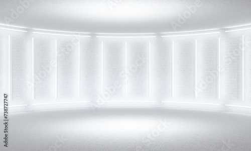 Minimalistic white background stage. Neon light from lamps on walls of circular room.