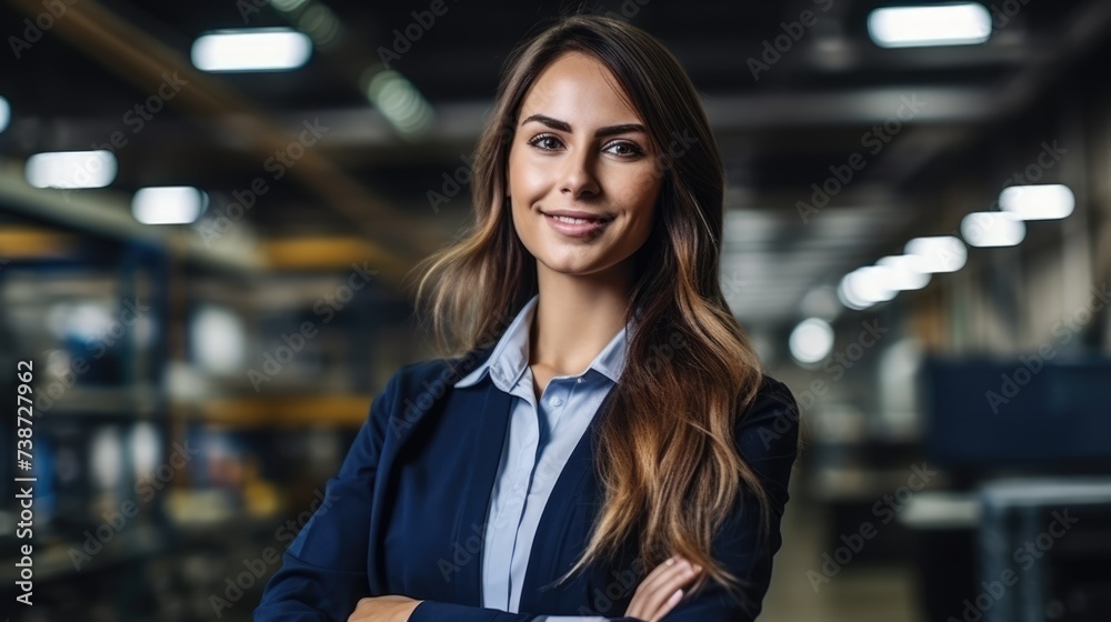 A woman, donning a helmet and sturdy work attire, commands the foreground of the warehouse, projecting a strong and capable demeanor.