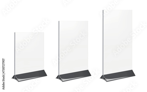 Countertop pop banner stand. Mockup set. Table counter promo graphic holder. Mock-up kit. Blank white trade show display collection. Vector template