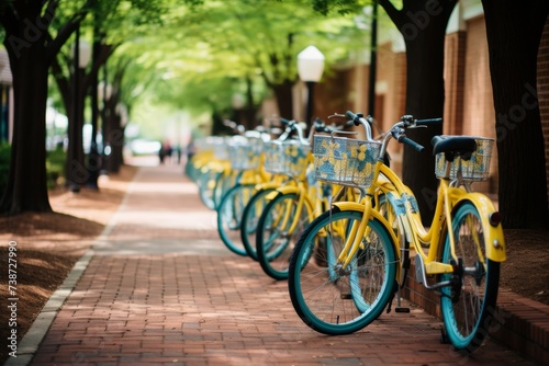 Vibrant bike-sharing hub. sustainable transportation in a thriving neighborhood community