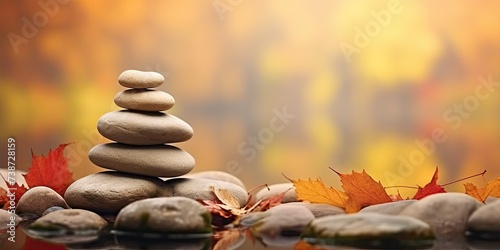 A bunch of natural stone towers on autumn leaves