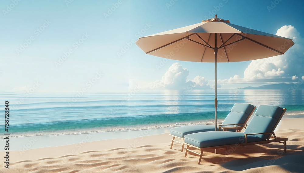 Wallpaper two blue lounge chairs under beige umbrella  on a sandy beach landscape, hot design tree color - obrazy, fototapety, plakaty 