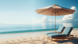 Wallpaper two blue lounge chairs under beige umbrella on a sandy beach landscape, hot design tree color