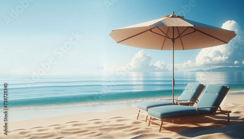 Wallpaper two blue lounge chairs under beige umbrella  on a sandy beach landscape, hot design tree color © Raven