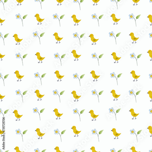 Watercolor summer pattern with chickens and flowers