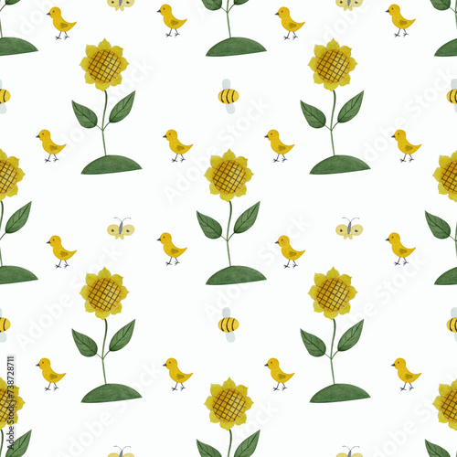Summer watercolor pattern with sunflowers and chickens
