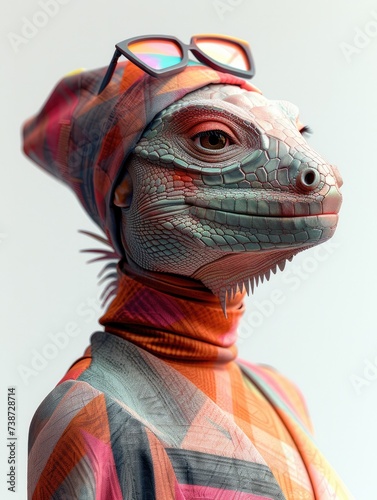 portrait of Iguana  wearing sunglasses and clothes cosplay human