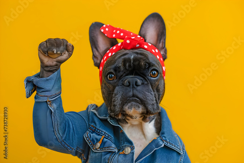 Strong woman dog raises arm and shows bicep on yellow background. Support animal rights, activism. Female power, feminism. Retro style. We can do it! International Women's Day creative concept