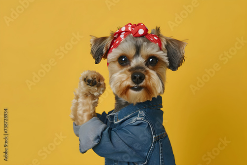 Strong woman dog raises arm and shows bicep on yellow background. Support animal rights, activism. Female power, feminism. Retro style. We can do it! International Women's Day creative concept