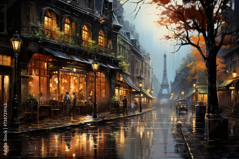 a painting of a city street at night with the eiffel tower in the background