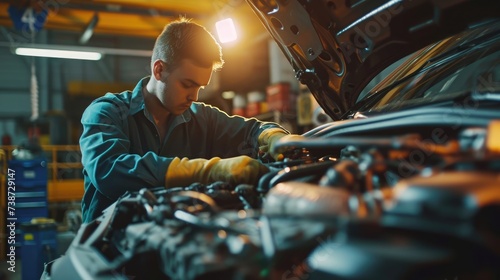 With expert precision, the auto repair master diligently conducts car engine repairs in the forefront of the auto service, showcasing unwavering commitment to automotive maintenance.