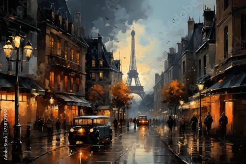 A city street painting with the Eiffel Tower in the background
