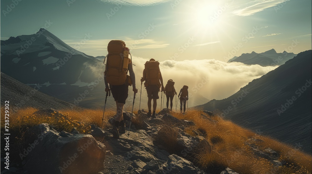 Group of hikers hiking up a beautiful mountain. Generative AI. - obrazy, fototapety, plakaty 