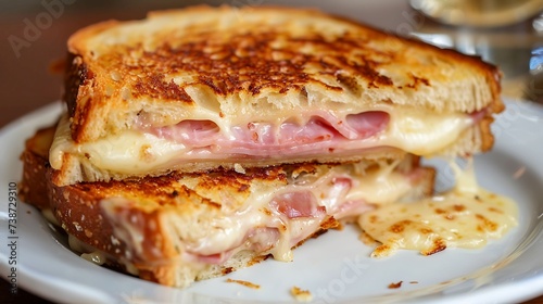 French croque monsieur sandwich with ham, Gruyere cheese, and b?(C)chamel sauce, toasted until golden brown