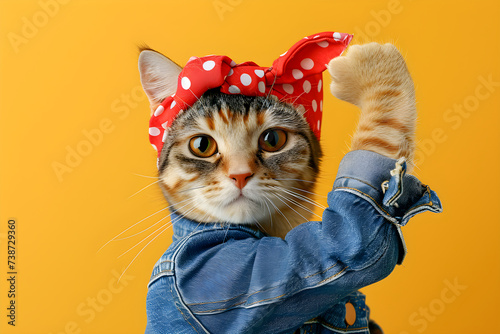 Strong woman cat raises arm and shows bicep on yellow background. Support animal rights, activism. Female power, feminism. Retro style. We can do it! International Women's Day creative concept