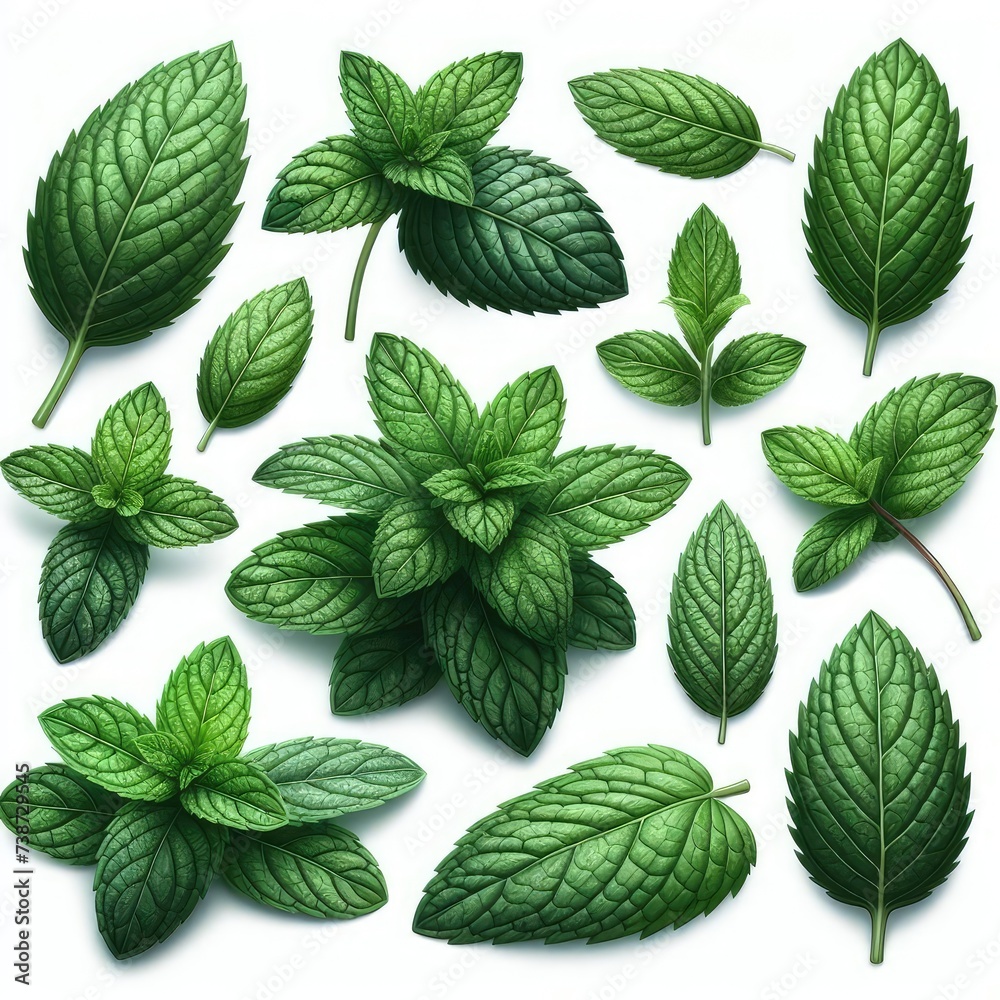 set of green mint leaves isolated on white background set of green mint leaves isolated on white background