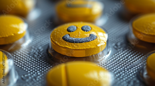 Smiley face on a yellow pill in a blister pack, the concept of a magic pill