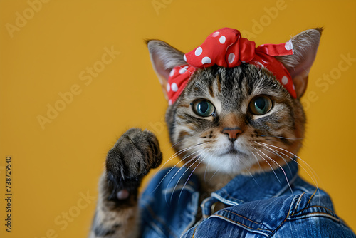 Strong woman cat raises arm and shows bicep on yellow background. Support animal rights, activism. Female power, feminism. Retro style. We can do it! International Women's Day creative concept photo