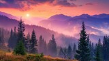 Picturesque view of foggy colorful sunset sky over coniferous forest and mountain range in cloudy evening