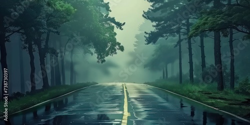 Road winding through misty forest creating mysterious and tranquil landscape journey through nature with trees shrouded in fog evoking sense of adventure perfect for travel and outdoor photography