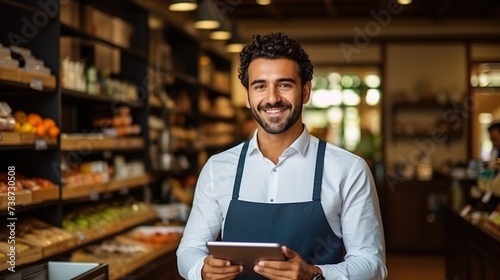 The shop owner using a digital tablet in a store