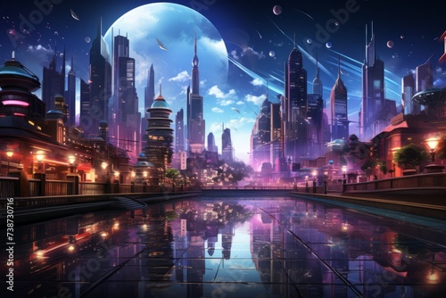 a futuristic city at night with a large moon in the sky