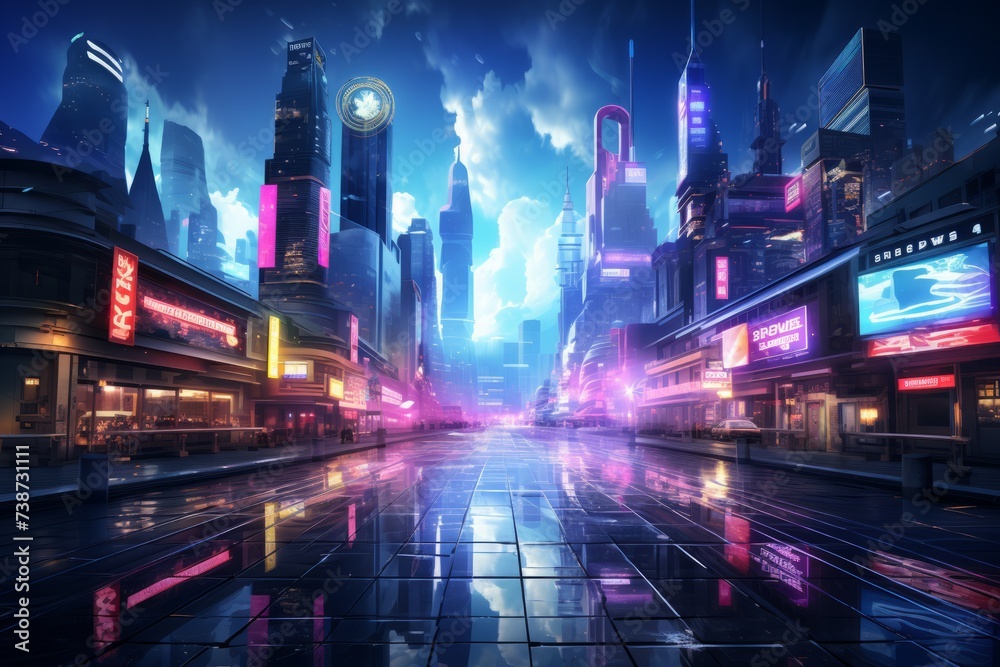 A City at Midnight with Purple Magenta Electric Blue Neon Lights on Buildings