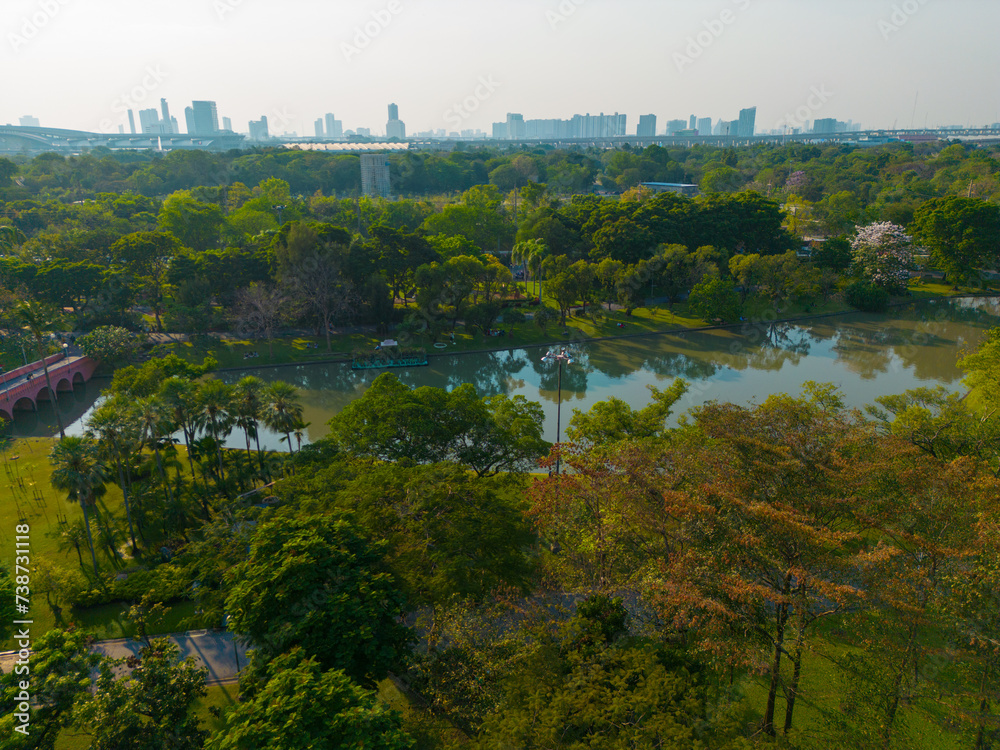 Aerial view pink sakura flower blossom on city road Chatuchak public park with transport road