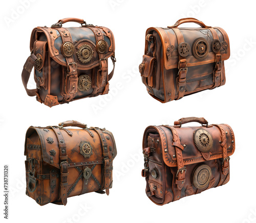 Leather bag, suitcase, briefcase in steampunk style. Steam punk style acessorries concept. Isolated on transparency.	 photo